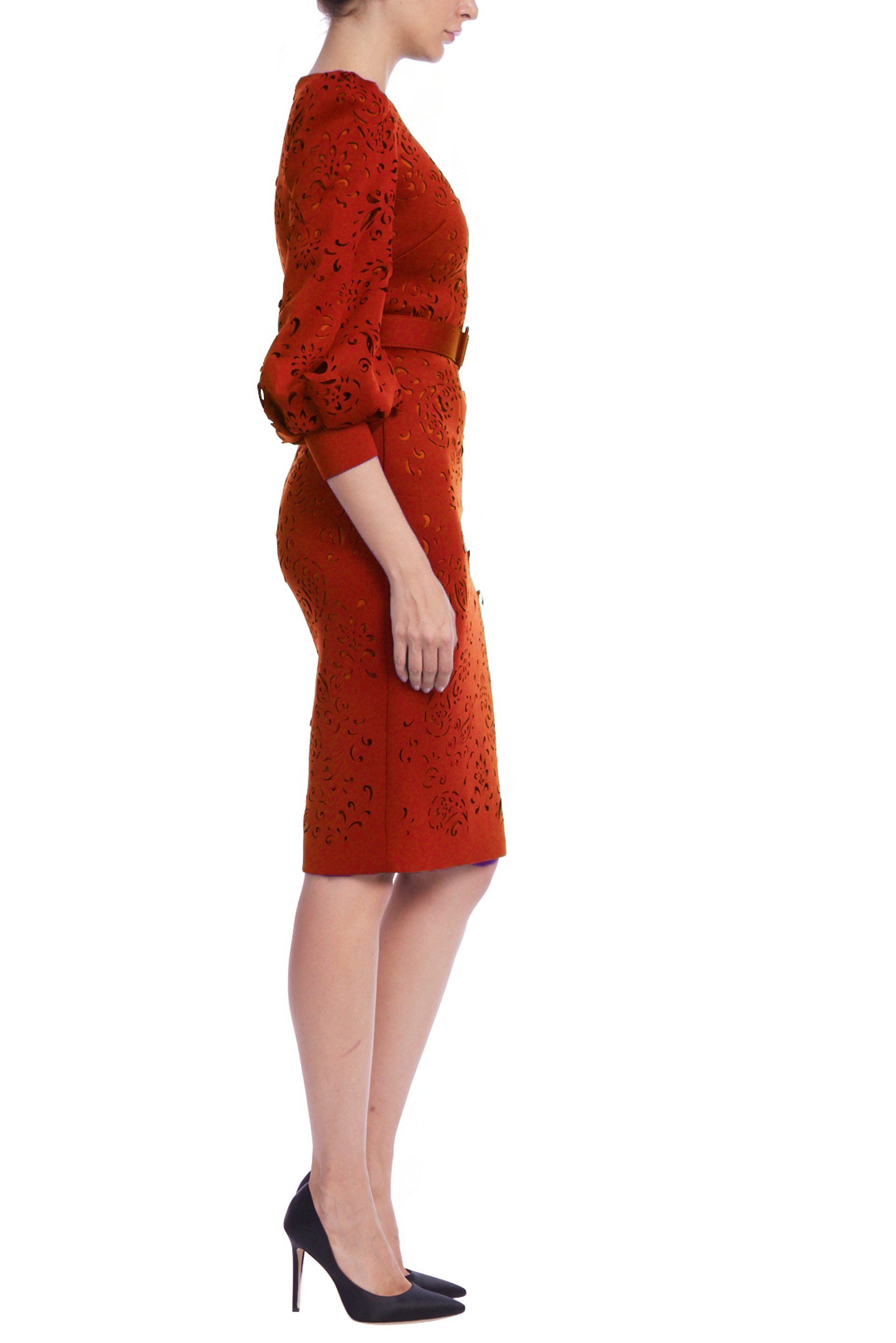 Laser-Cut Belted Sheath Dress