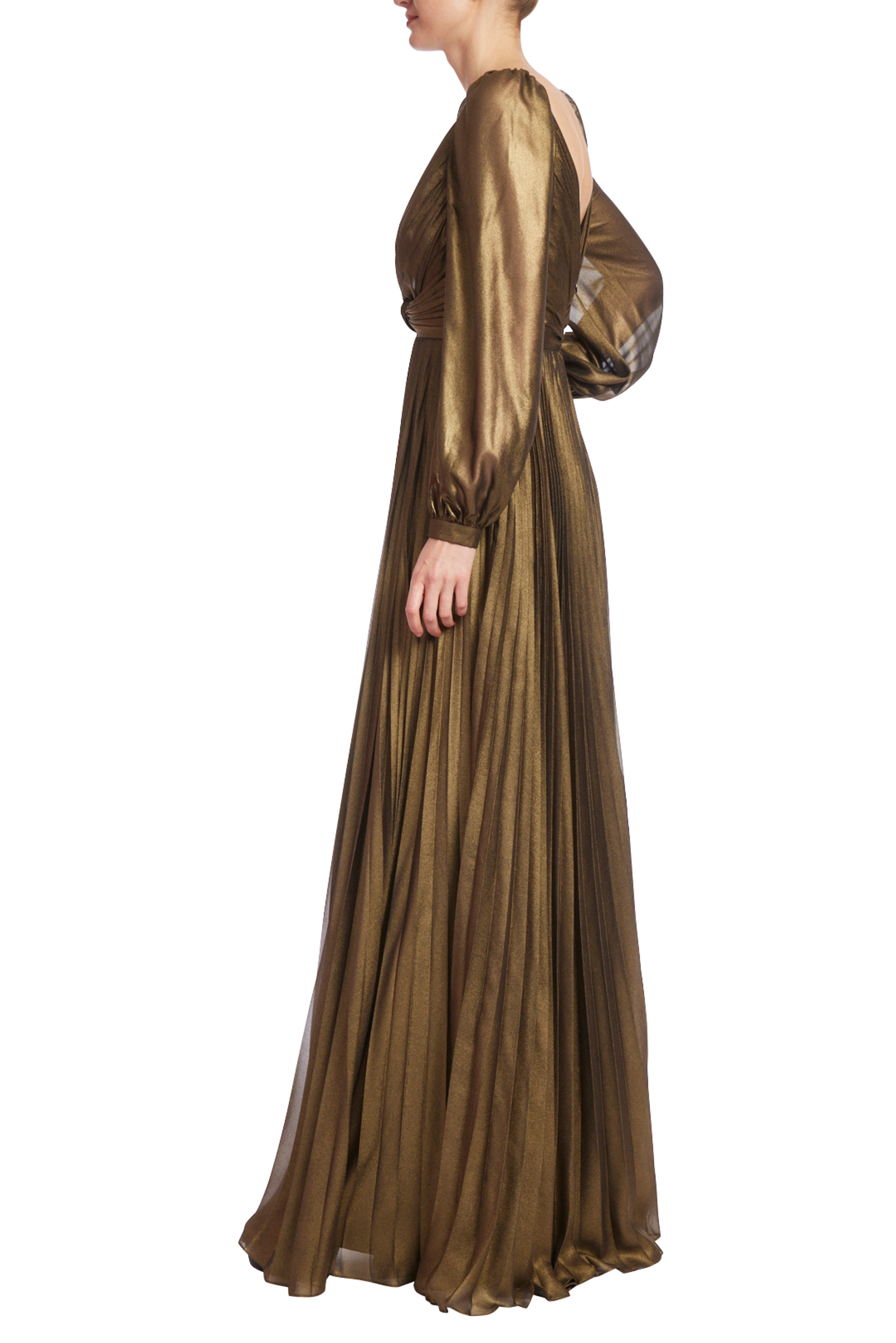 Metallic Deep V Front & Back Pleated Gown