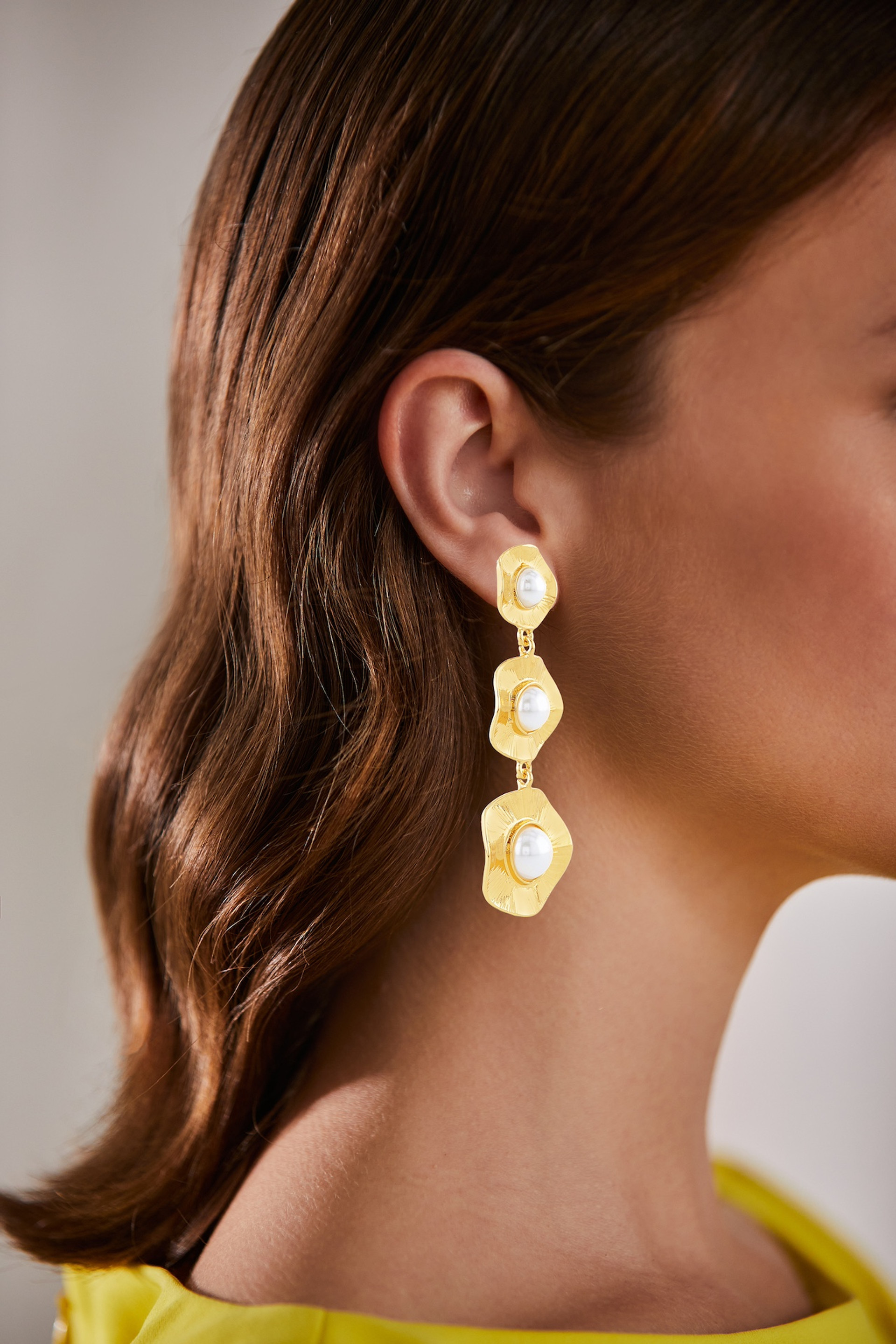 Gold-Tone Textured Drop Earrings with Center Pearl Accents