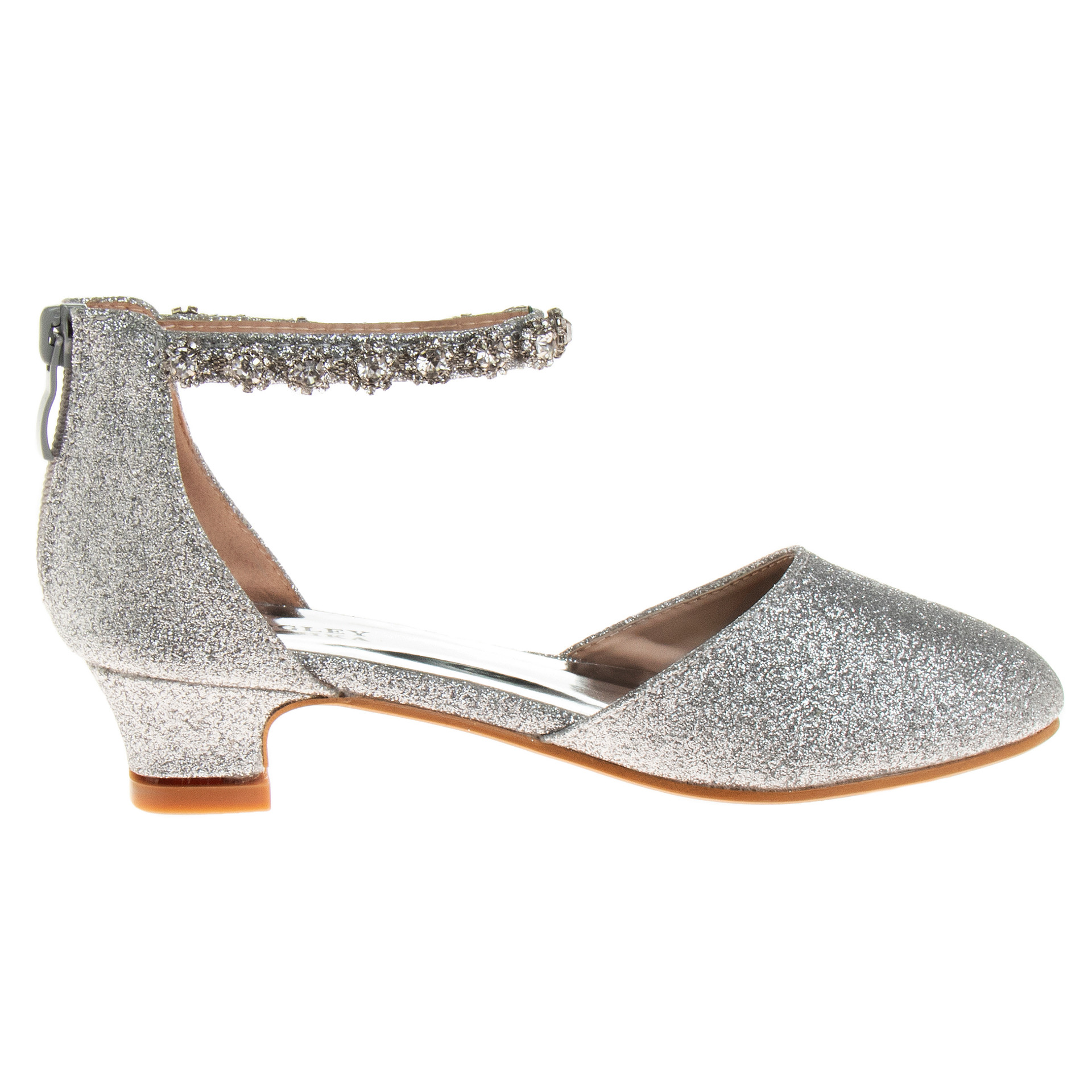 Girlsâ Glittery Kitten Heeled Dress Shoes with Rhinestone Ankle Strap