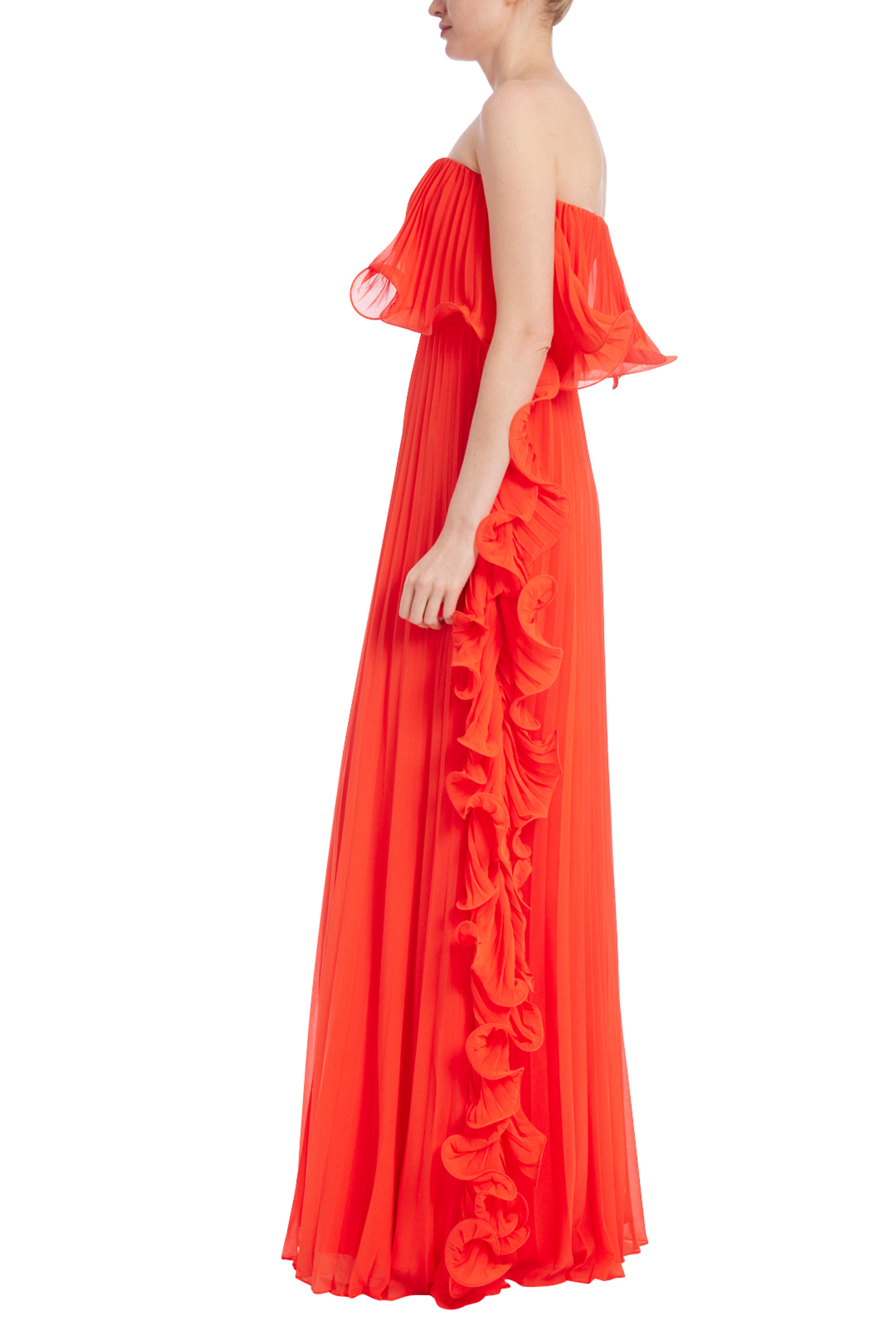Pleated Strapless Dress with Side Ruffles