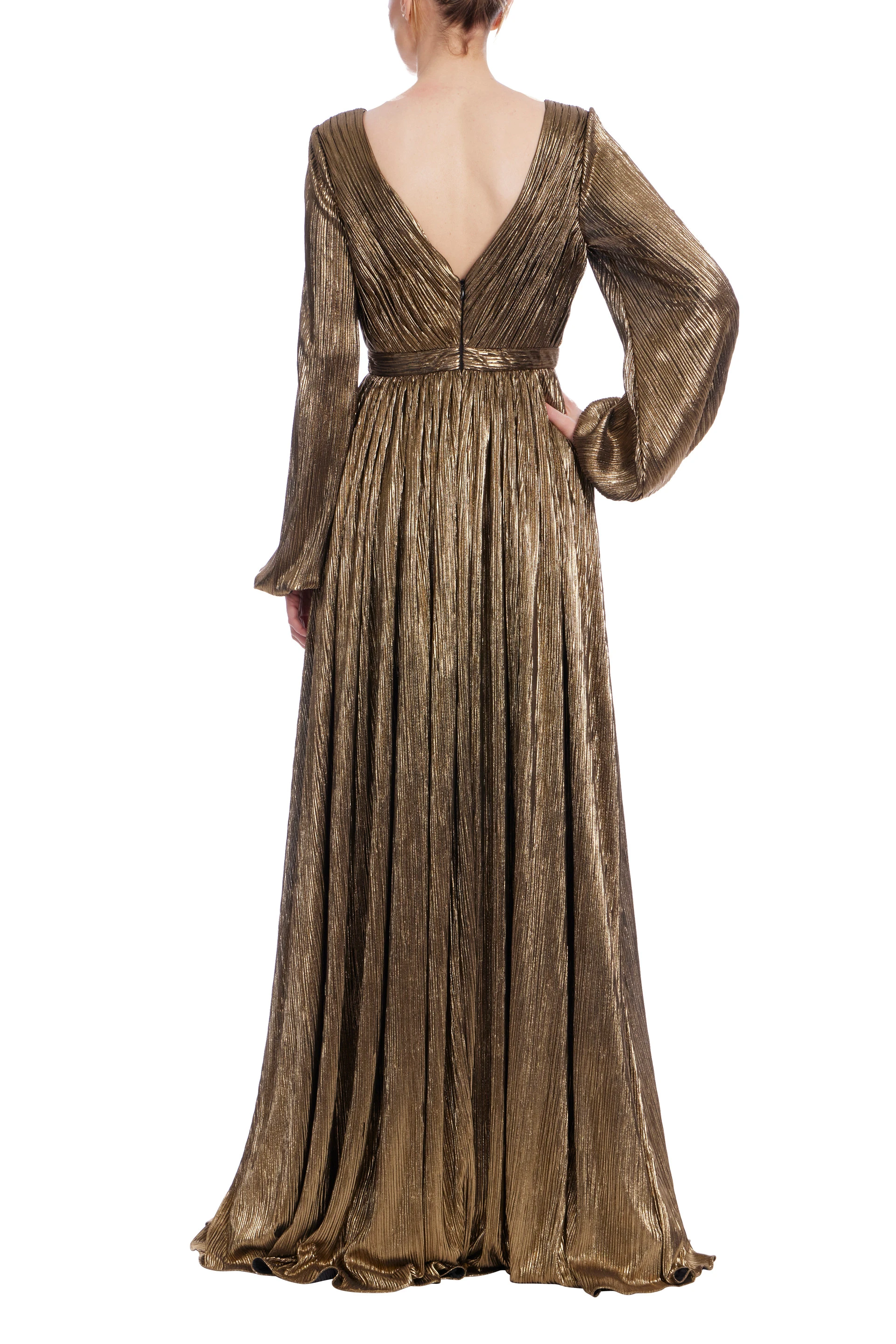 V-Neck Foil Pleated Gown