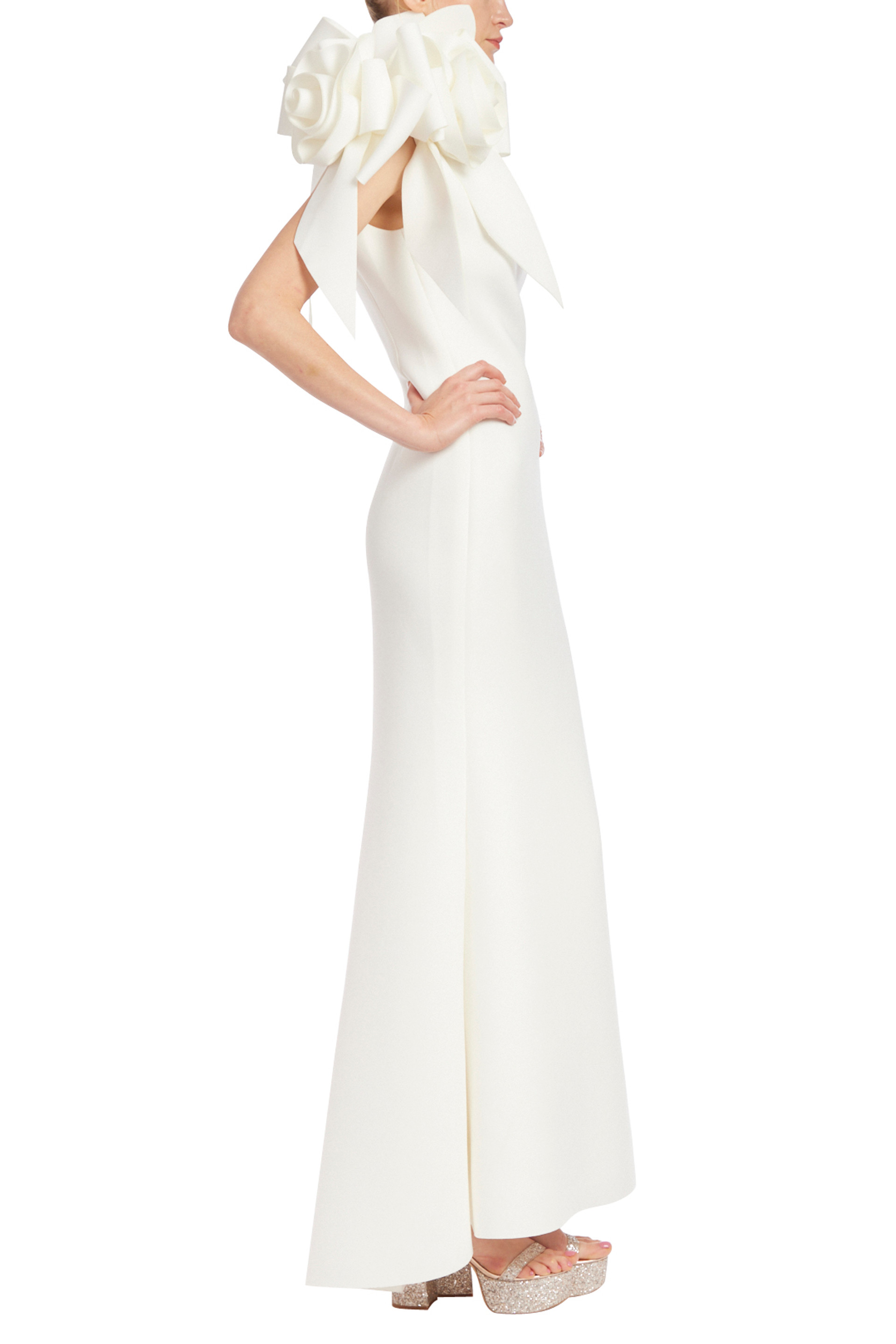 One-Shoulder Rosette Column Gown