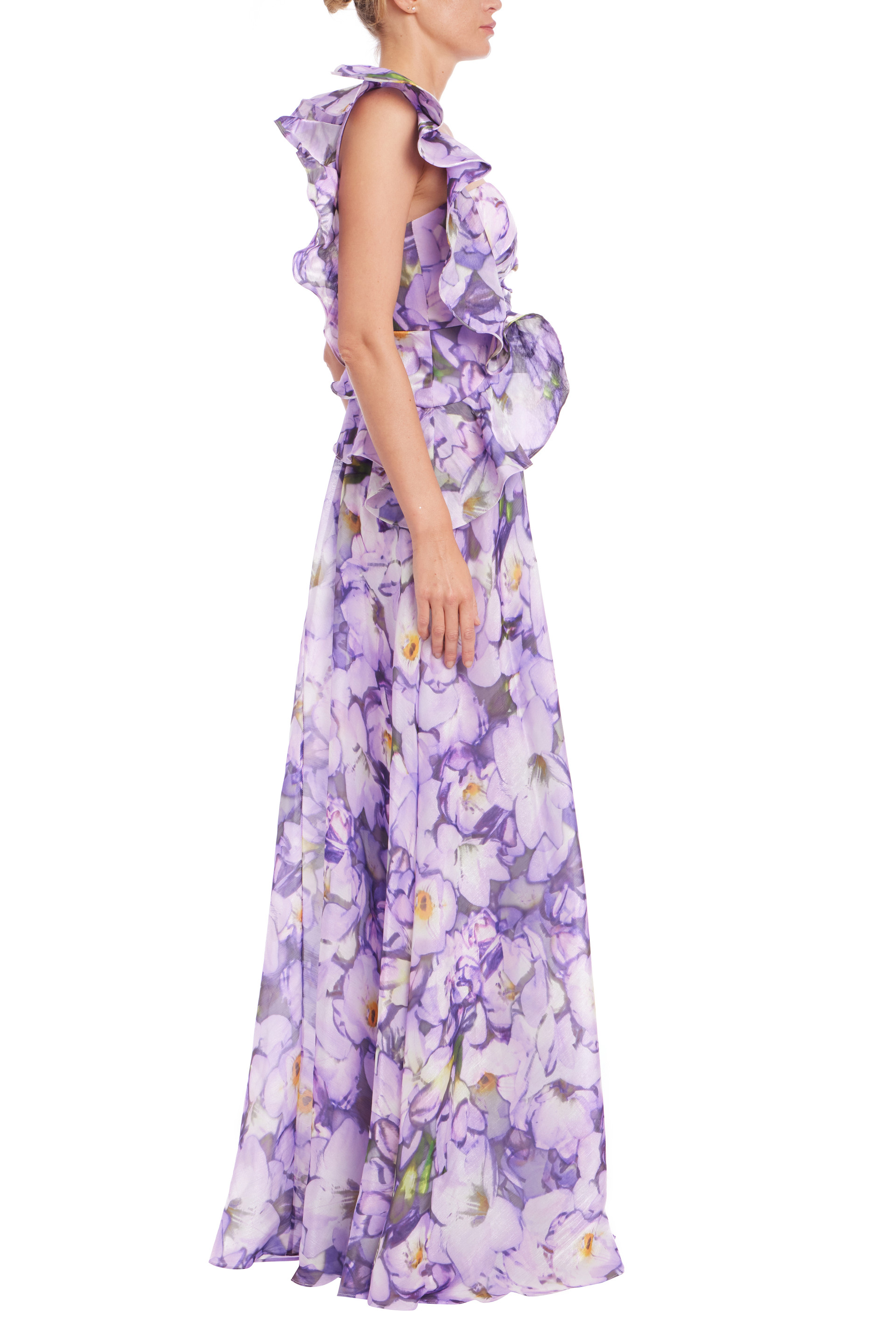 Ruffle One Shoulder Floral Gown
