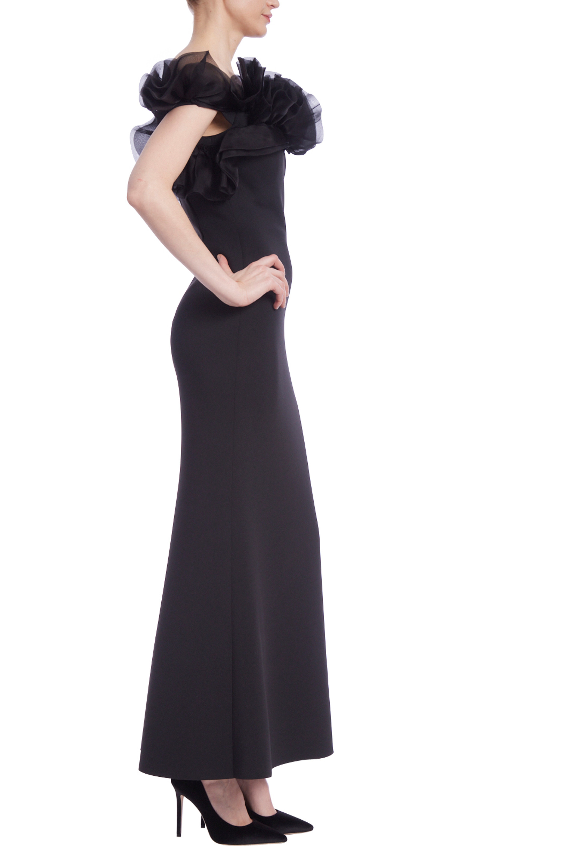 Organza Ruffle Off-Shoulder Crepe Gown