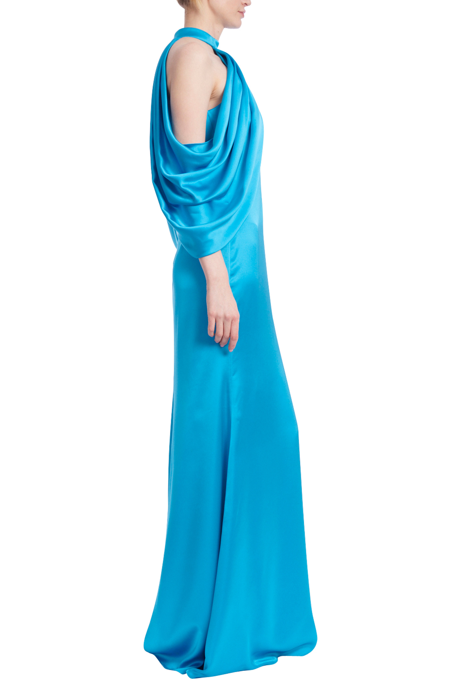 Cold Shoulder Draped Gown with Mock Collar