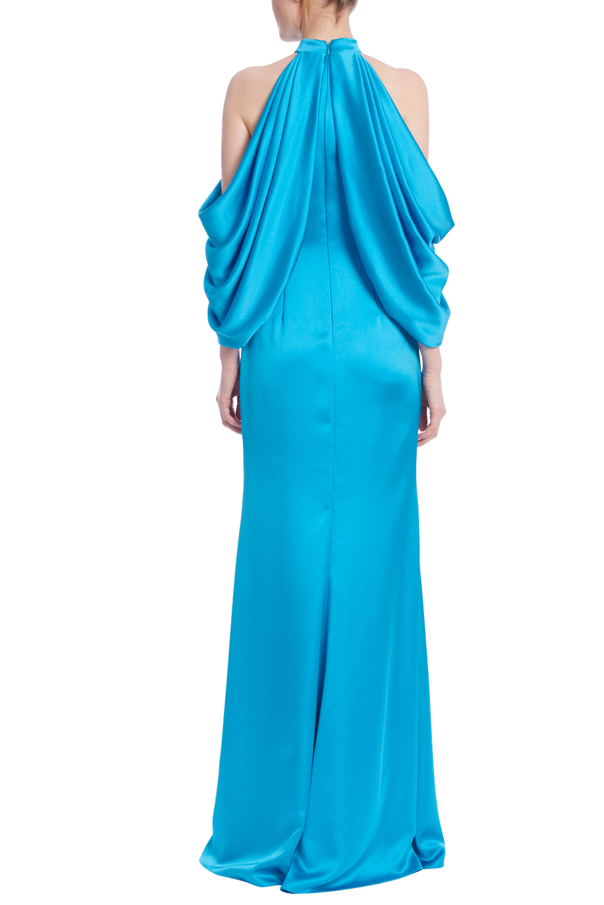 Cold Shoulder Draped Gown with Mock Collar