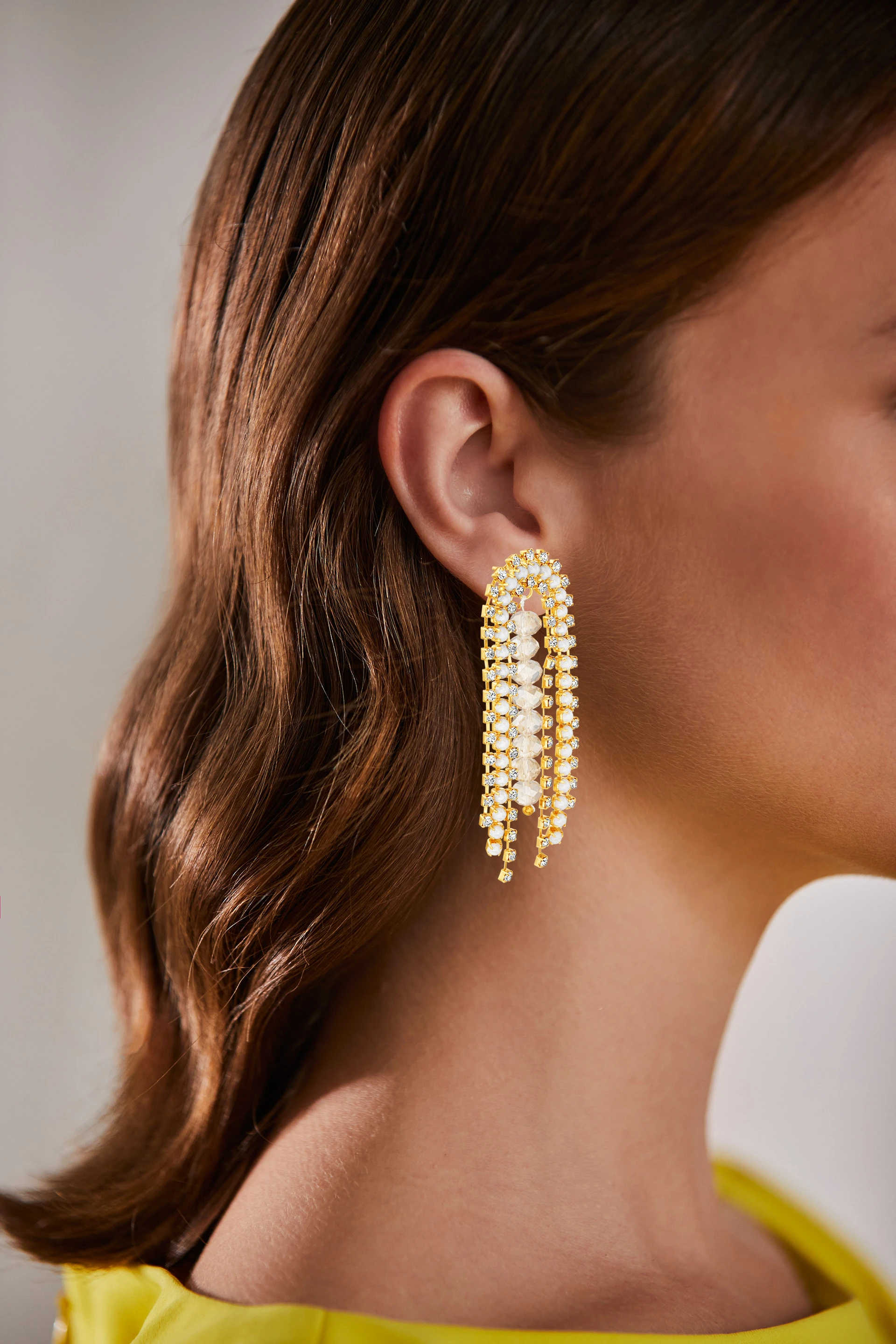 Golden Waterfall Earrings with Rhinestones and Beads
