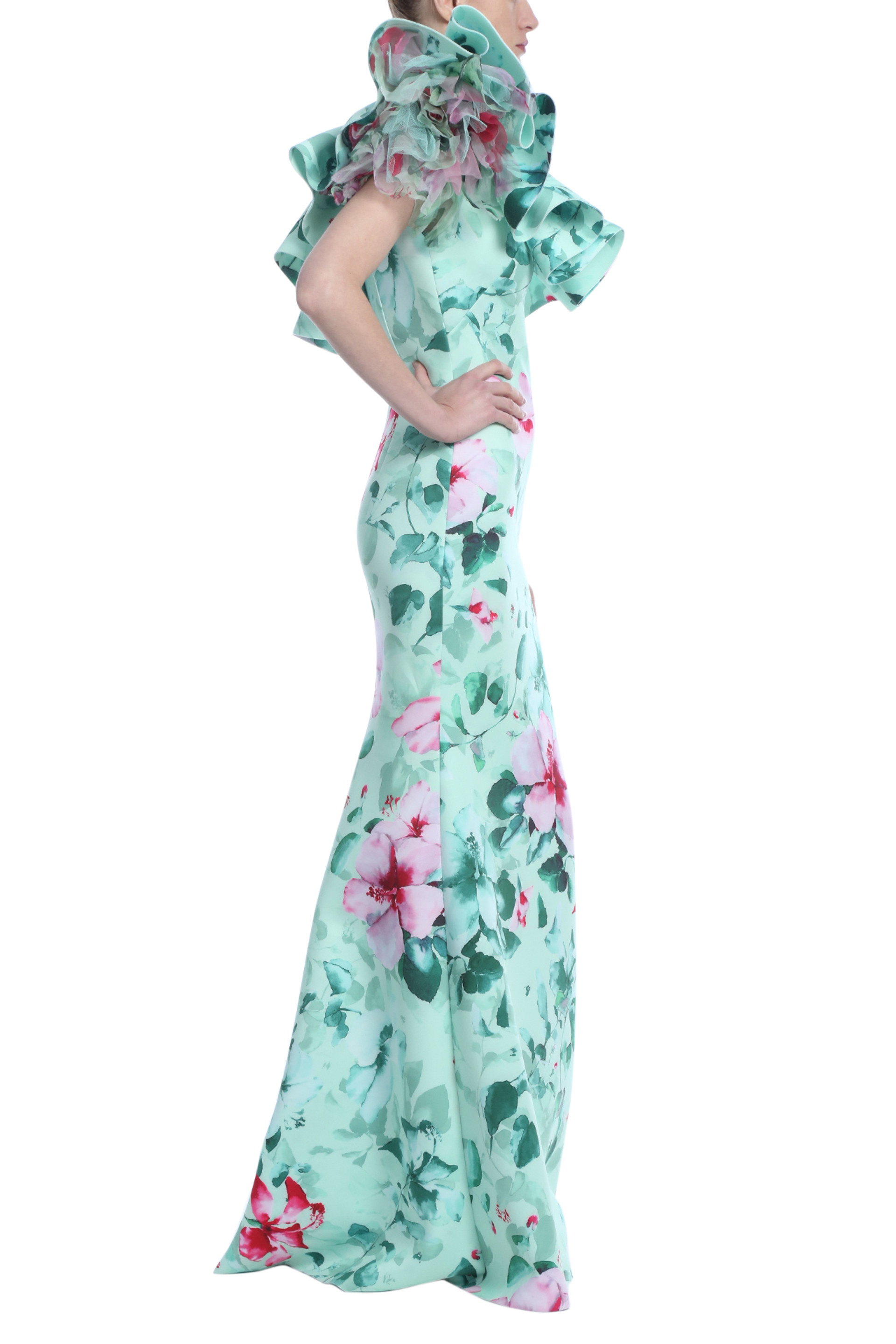Runway Tropical Print Scuba Gown