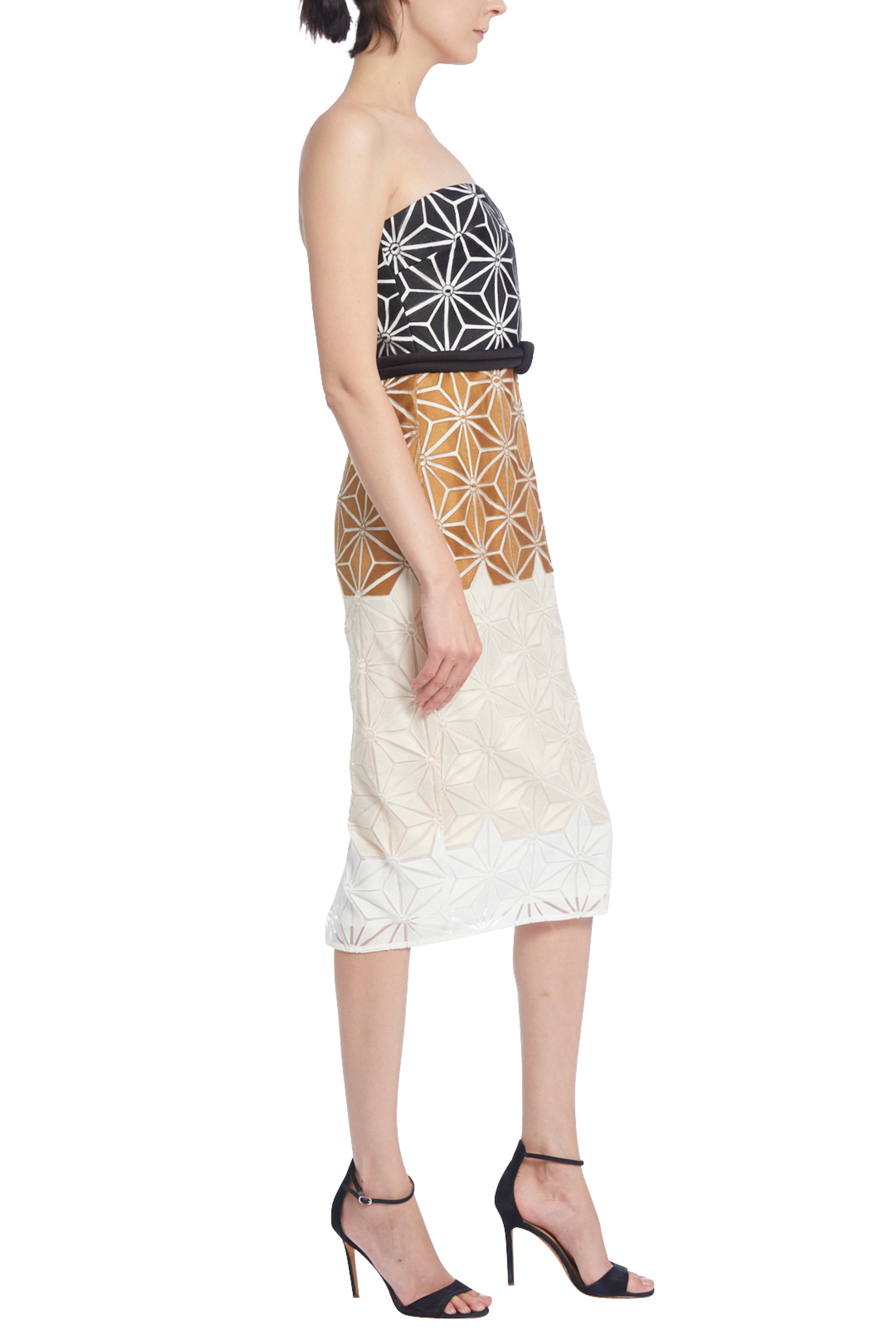 Tri-Colored Strapless Dress with Geometric Embroidered Print