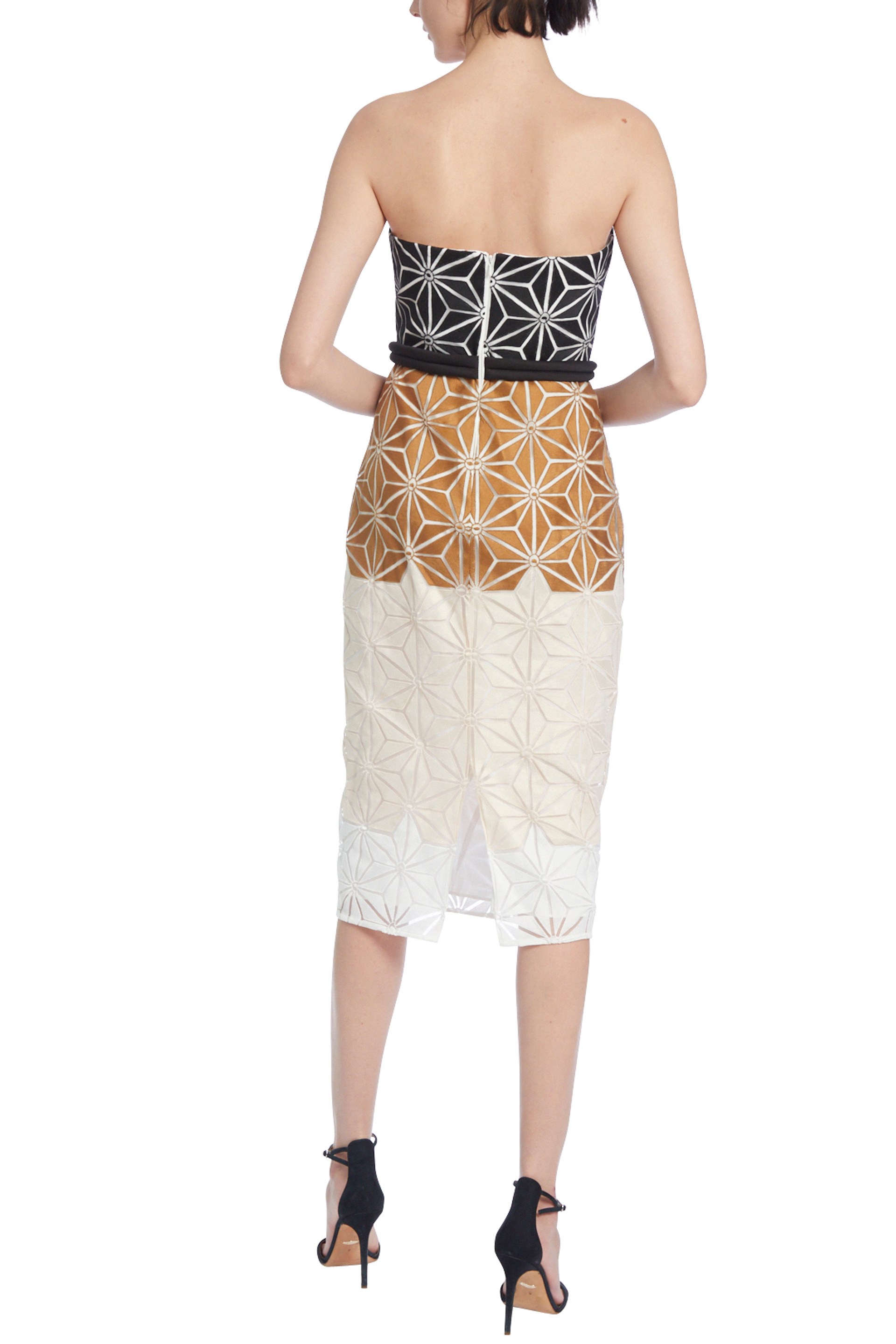 Tri-Colored Strapless Dress with Geometric Embroidered Print
