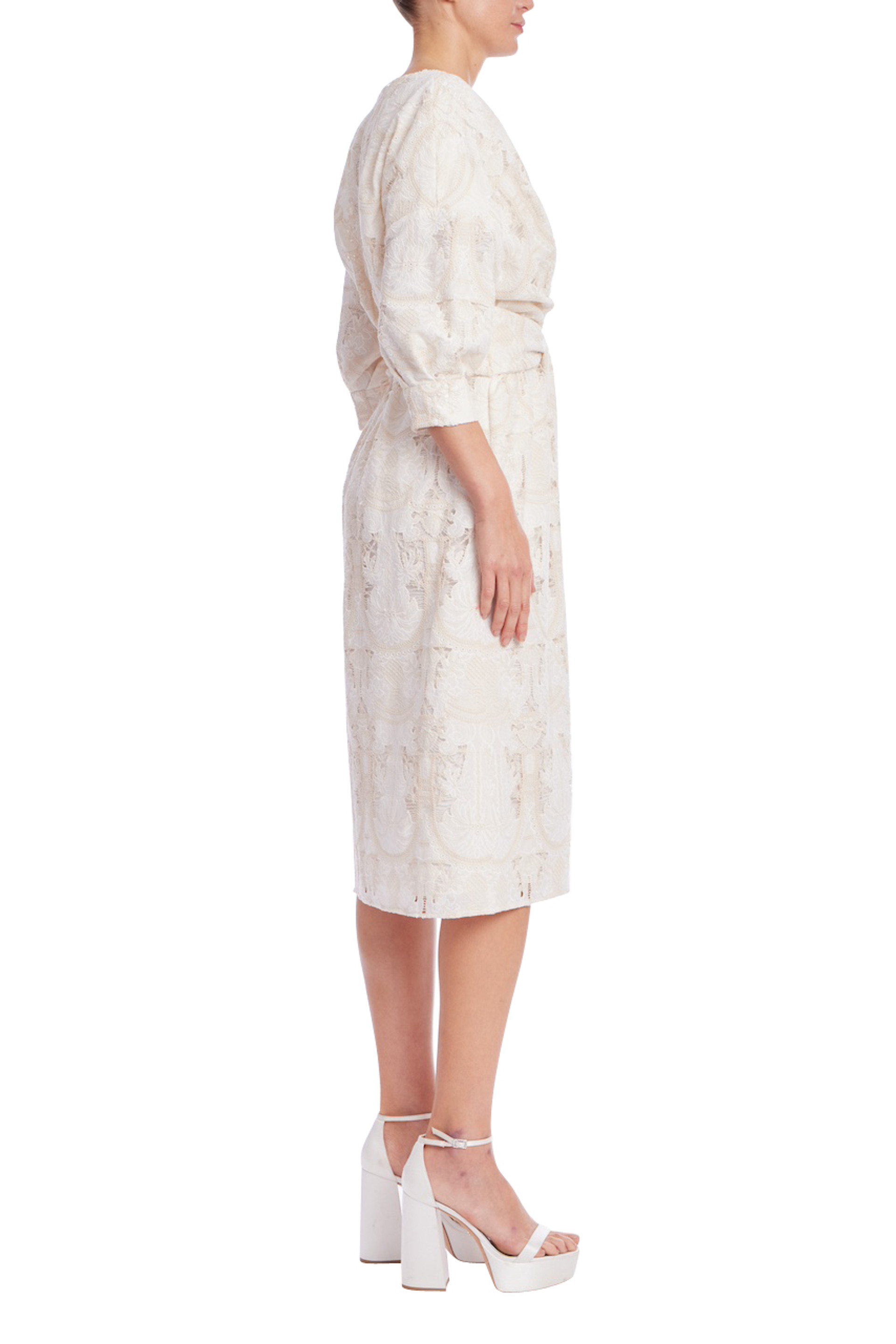 Quarter Sleeve Ivory Jacquard Wrap Midi Dress
