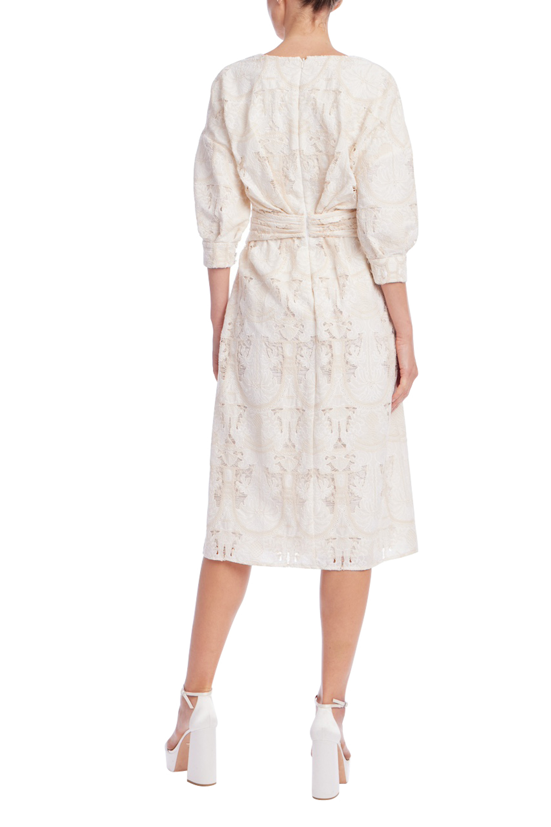 Quarter Sleeve Ivory Jacquard Wrap Midi Dress