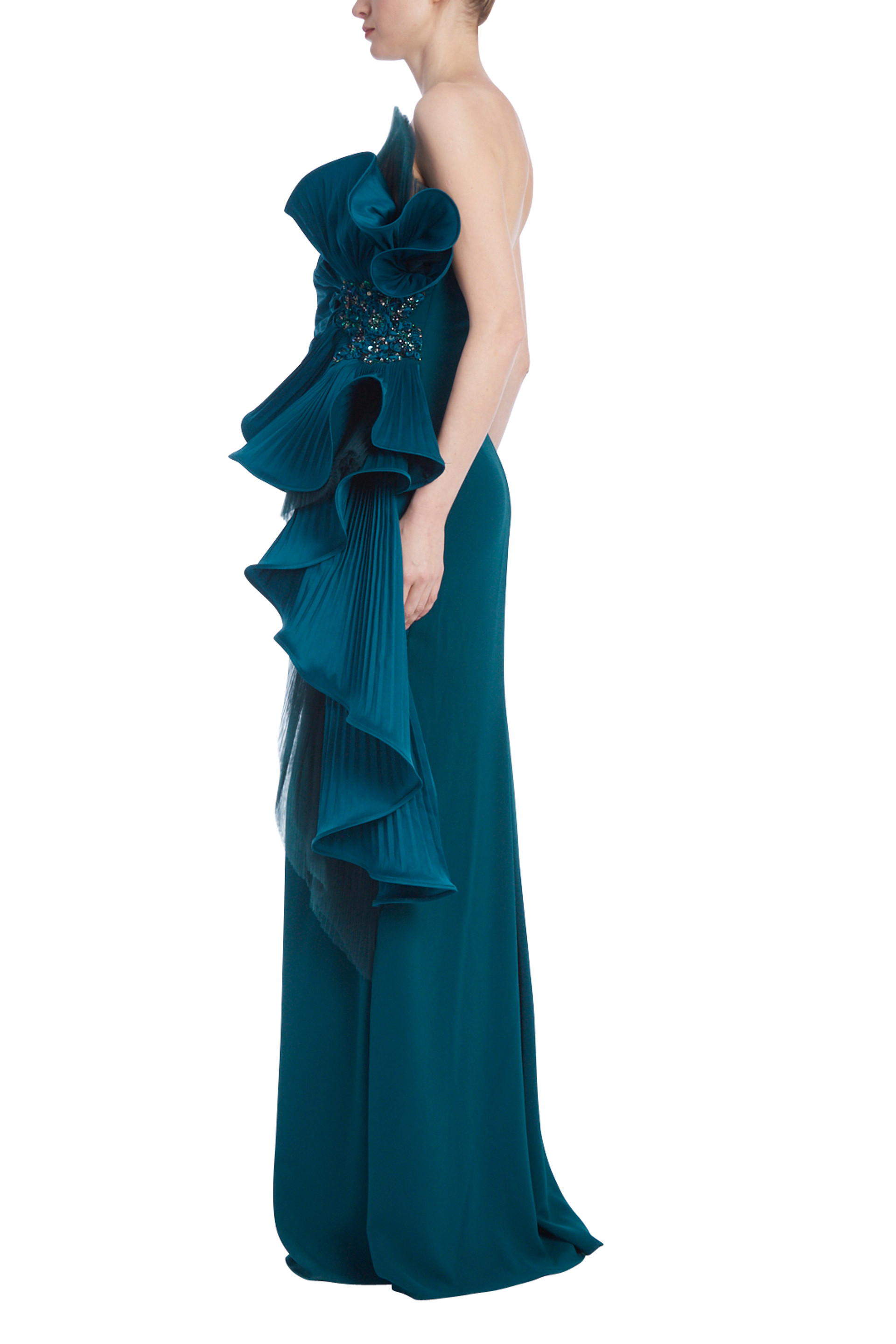 Strapless Side Pleated Ruffle Fan Gown