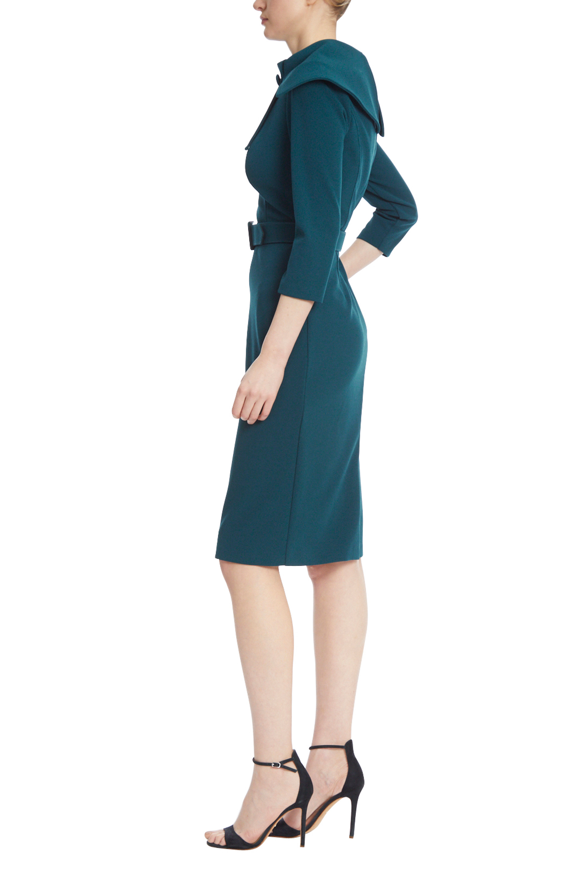 Teal Belted Sheath Dress with High Collar