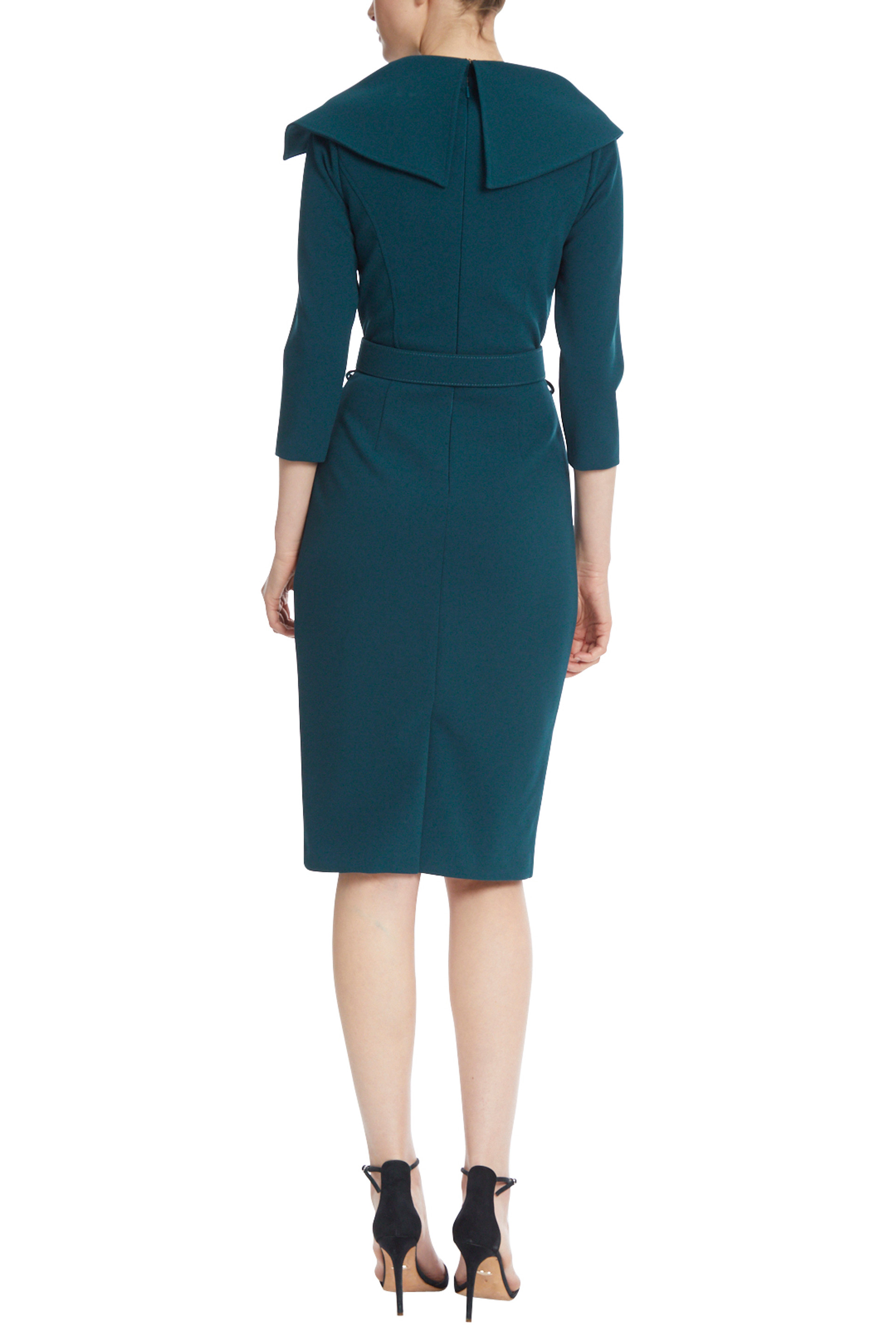 Teal Belted Sheath Dress with High Collar