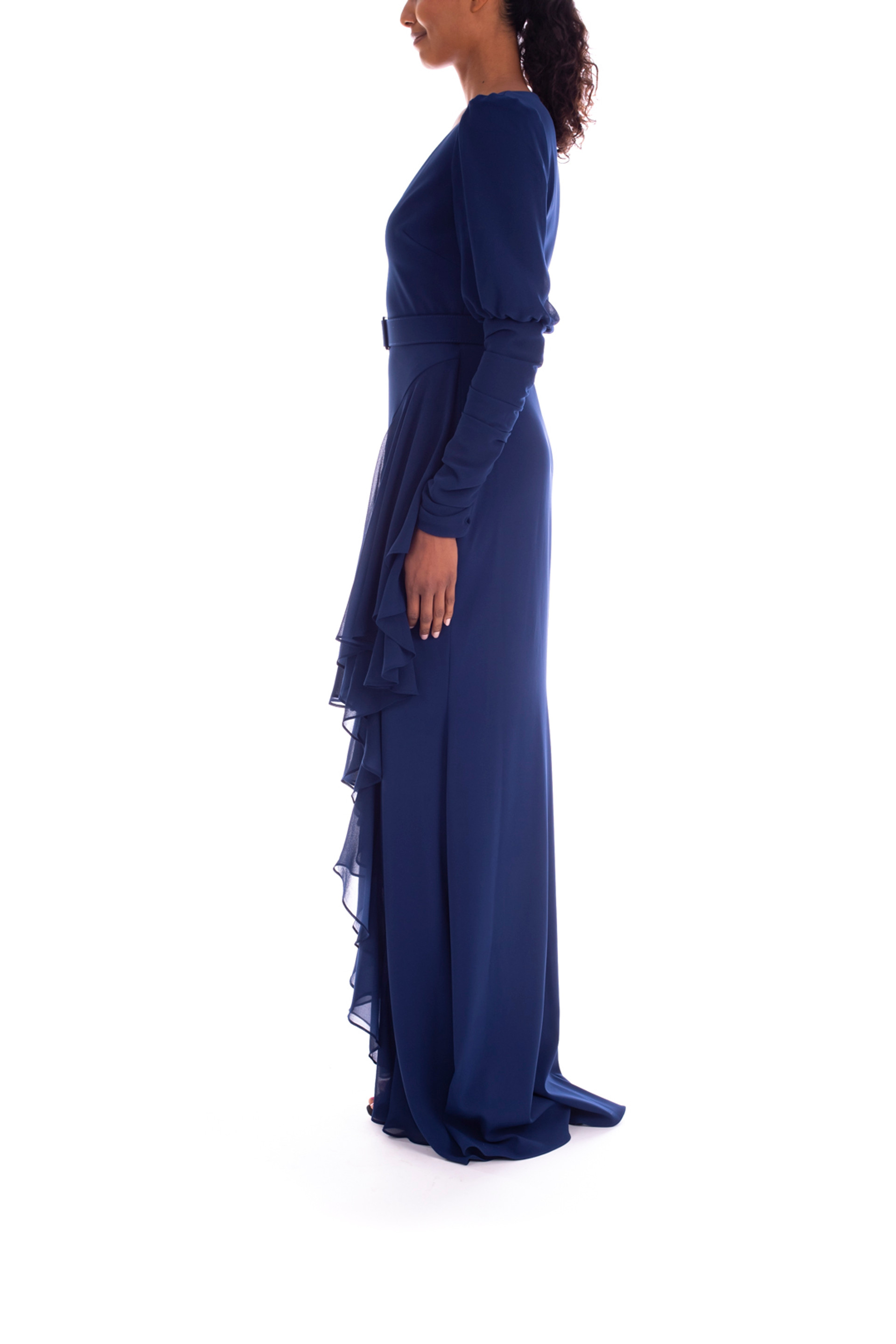 Floor Length Gown with Ruffle Slit