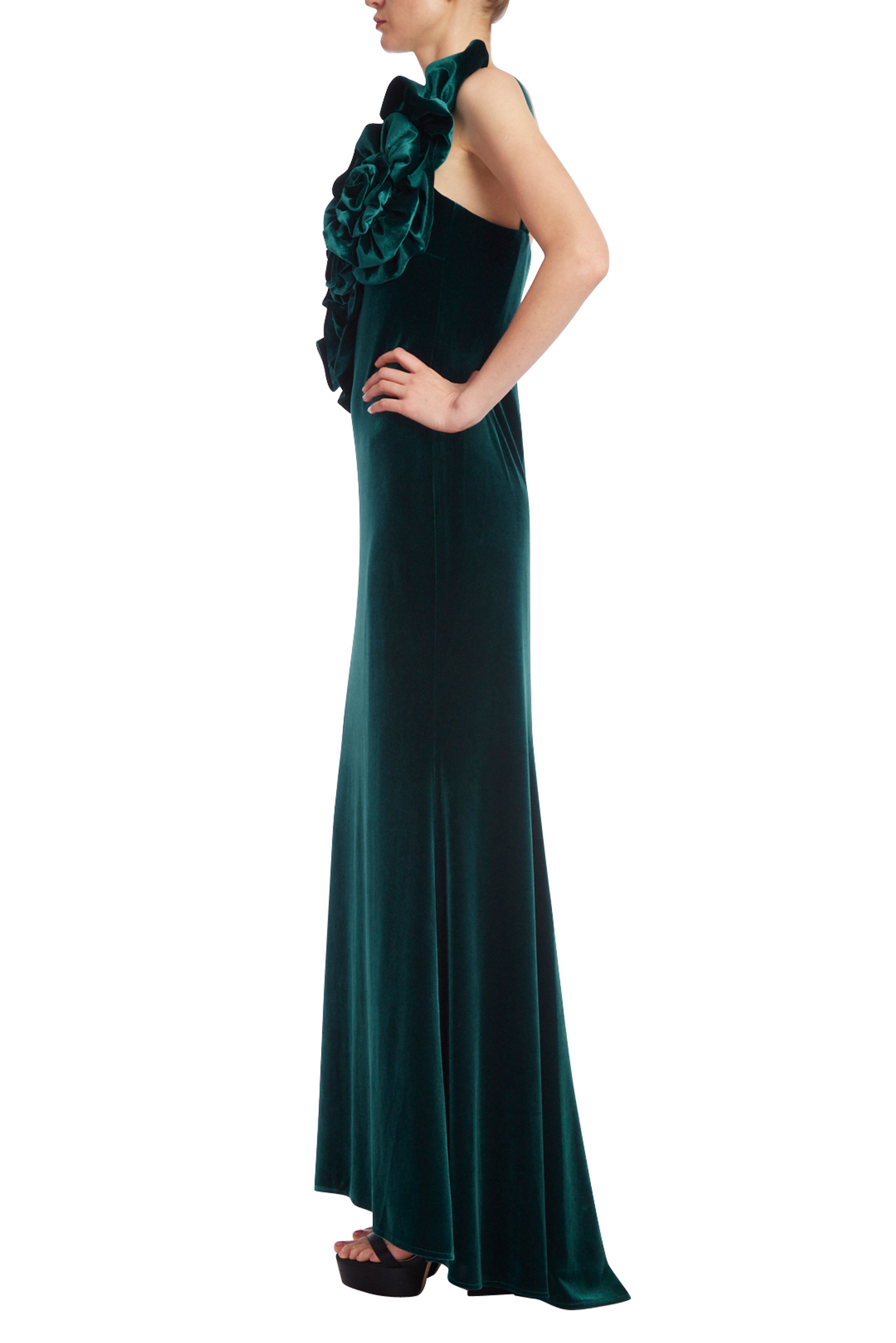 Velvet One Shoulder Rosette Column Gown