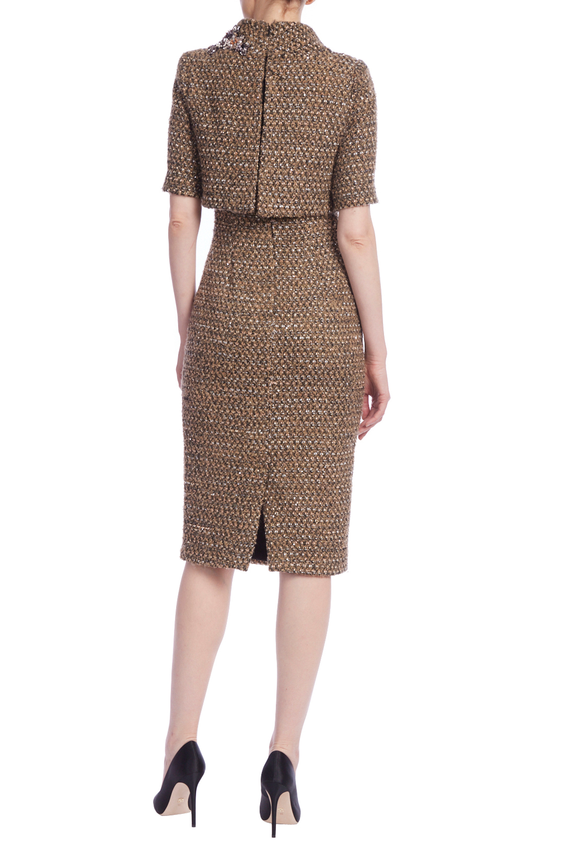 Short Sleeve Tweed Sheath Dress with Popover
