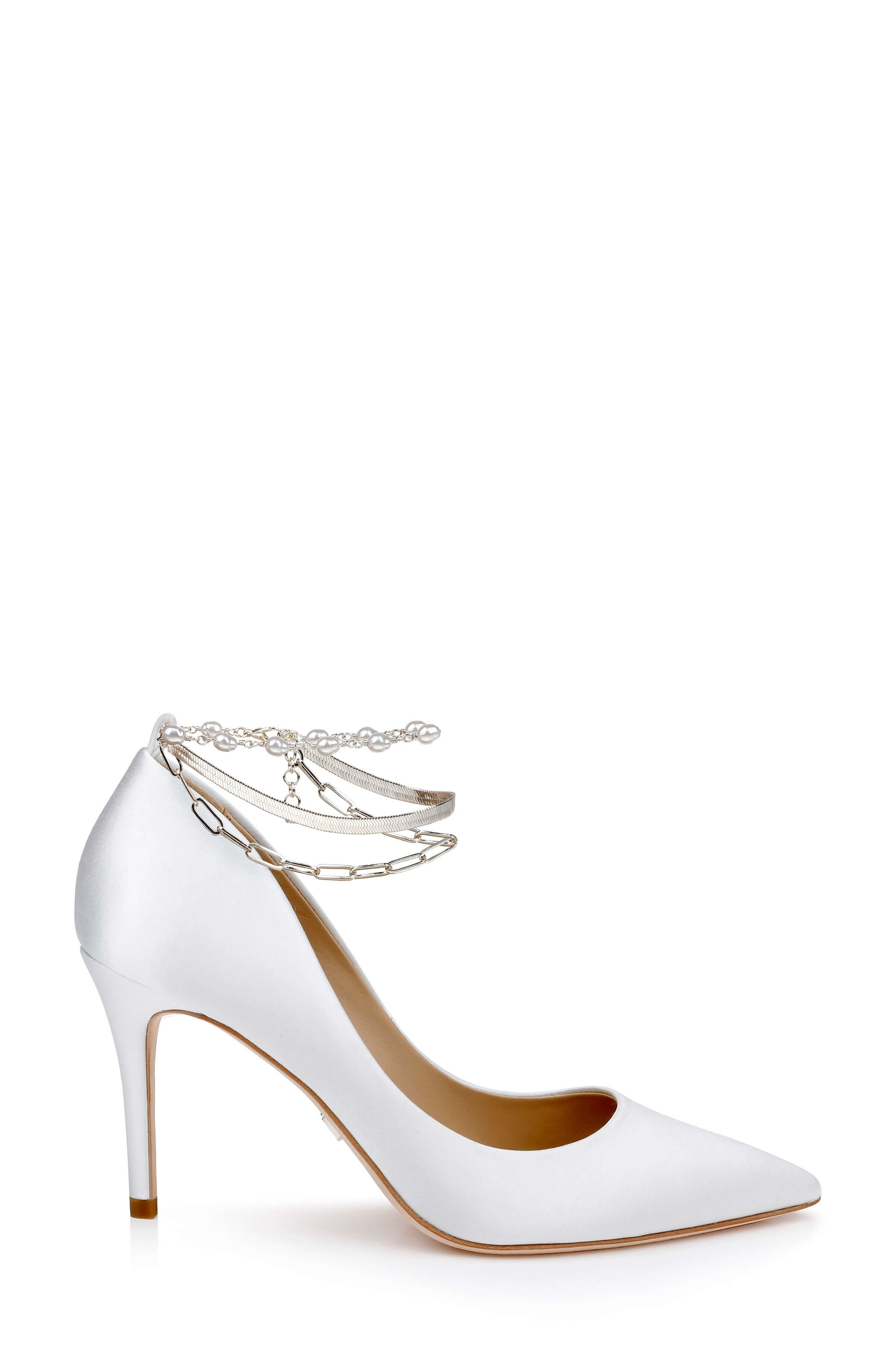 Verna Satin Pointed Toe Pumps with Pearl Chain Ankle Strap