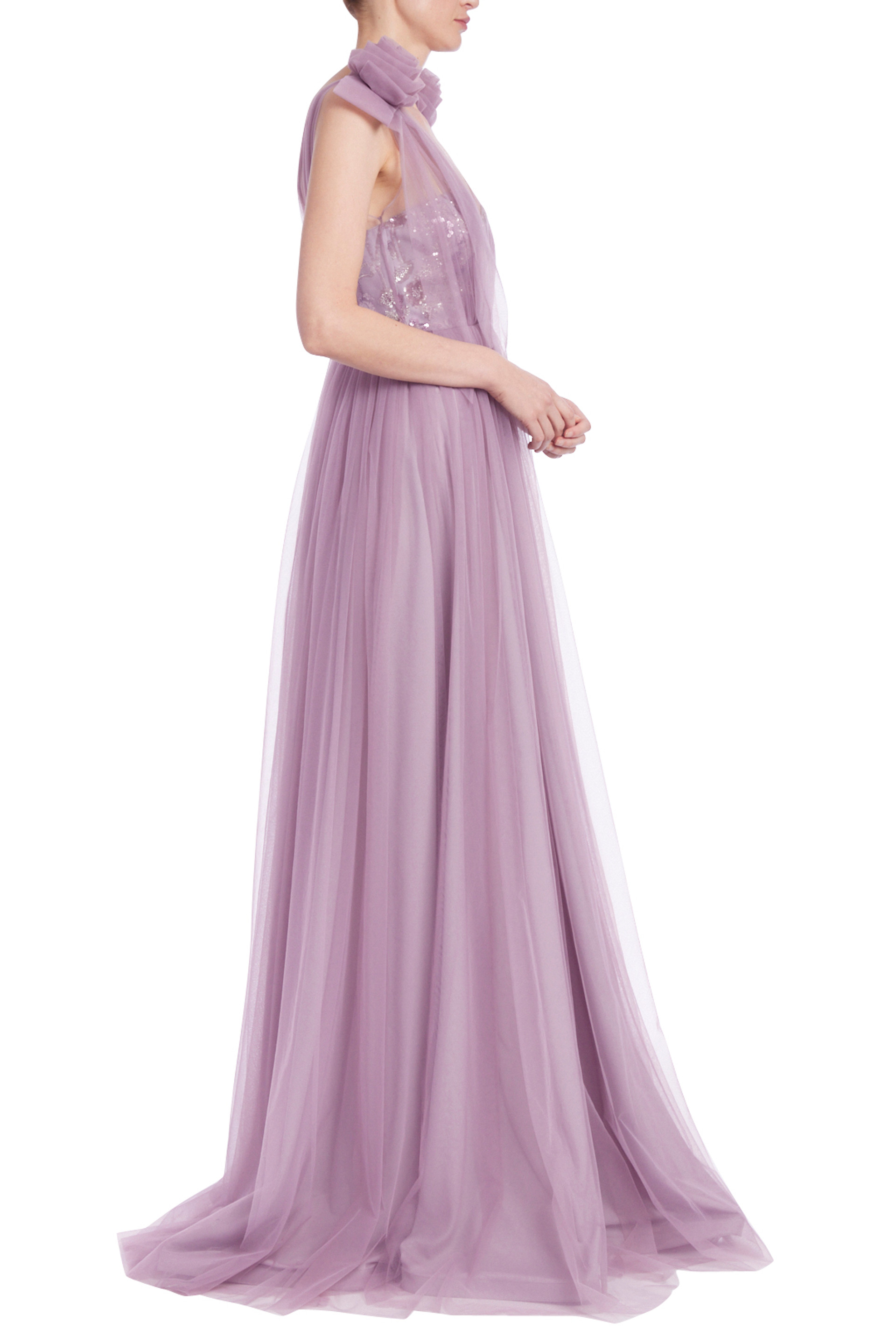 Tulle Gown with Sequined Bodice and Floral Shoulder Accents