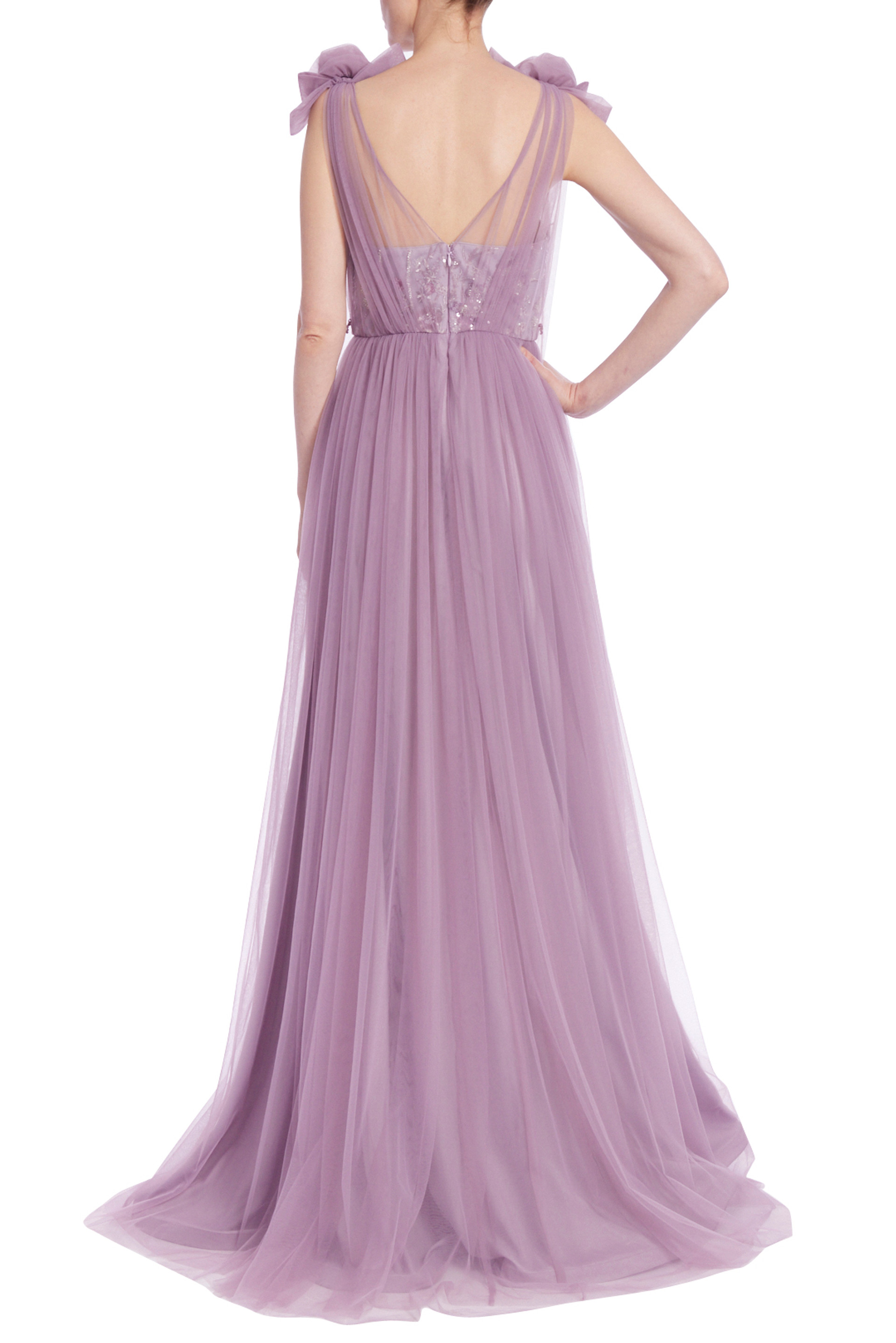 Tulle Gown with Sequined Bodice and Floral Shoulder Accents
