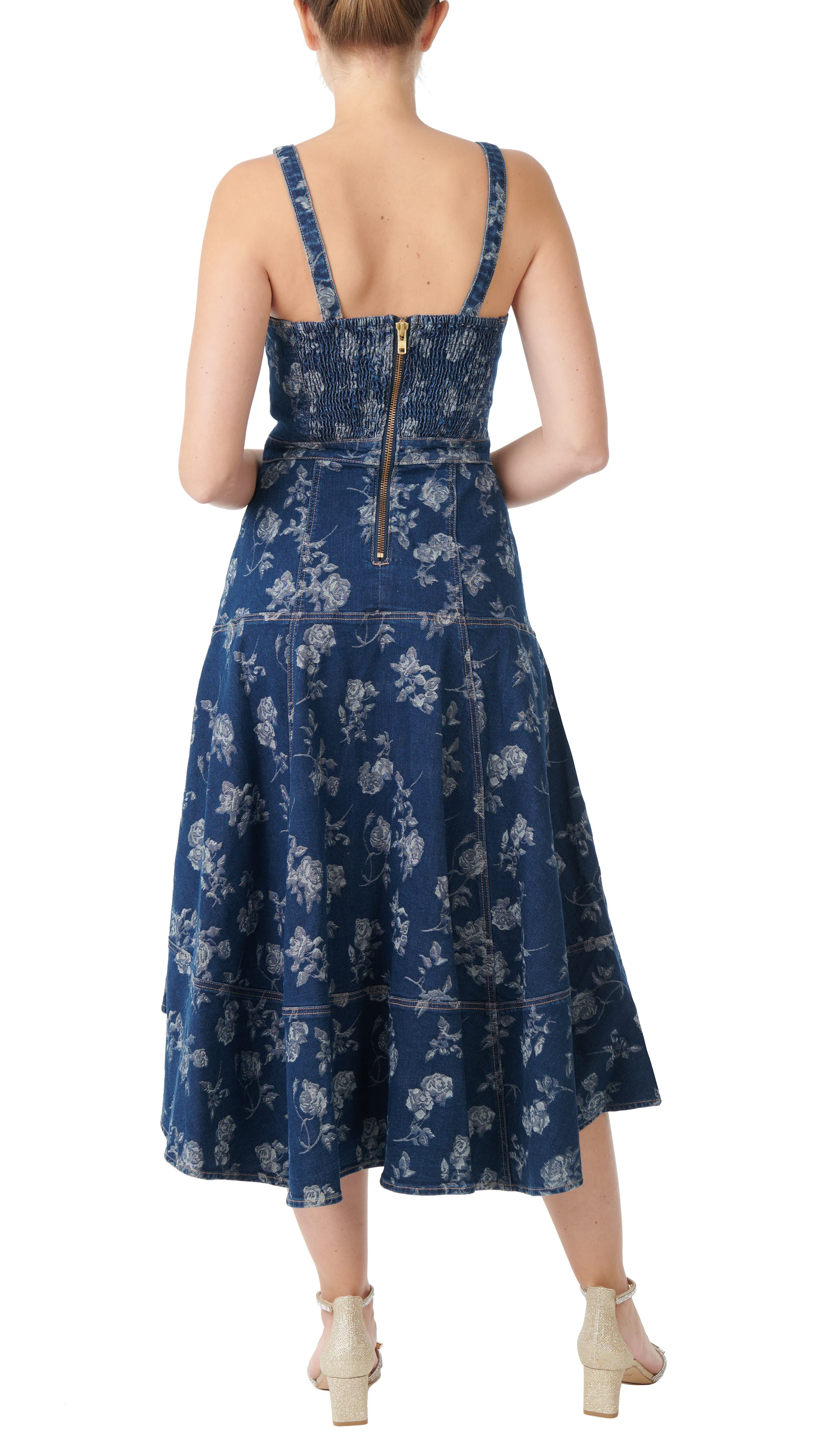 Rose Print High Low Denim Dress