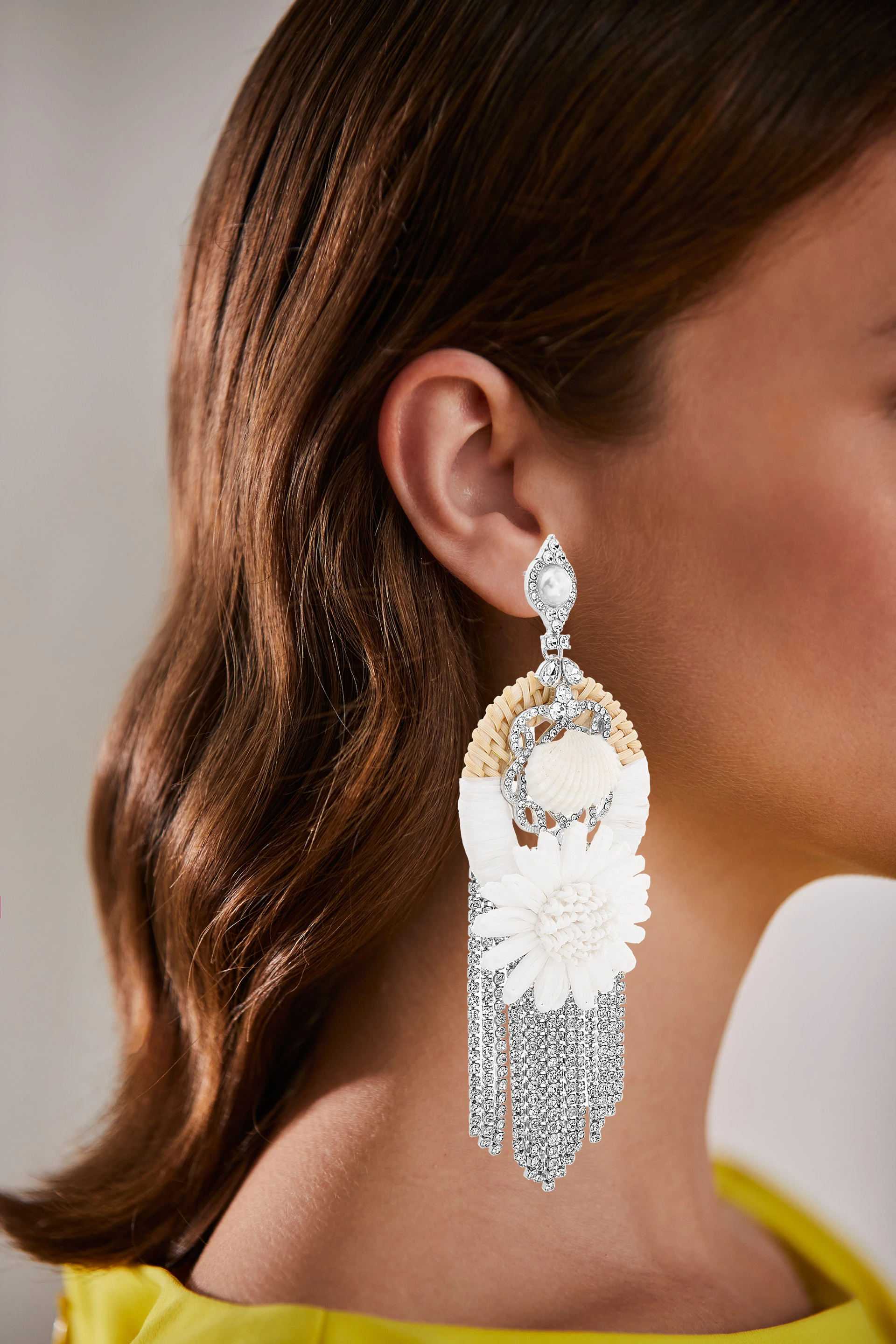 Raffia and Shell Statement Earrings with Crystal Fringe